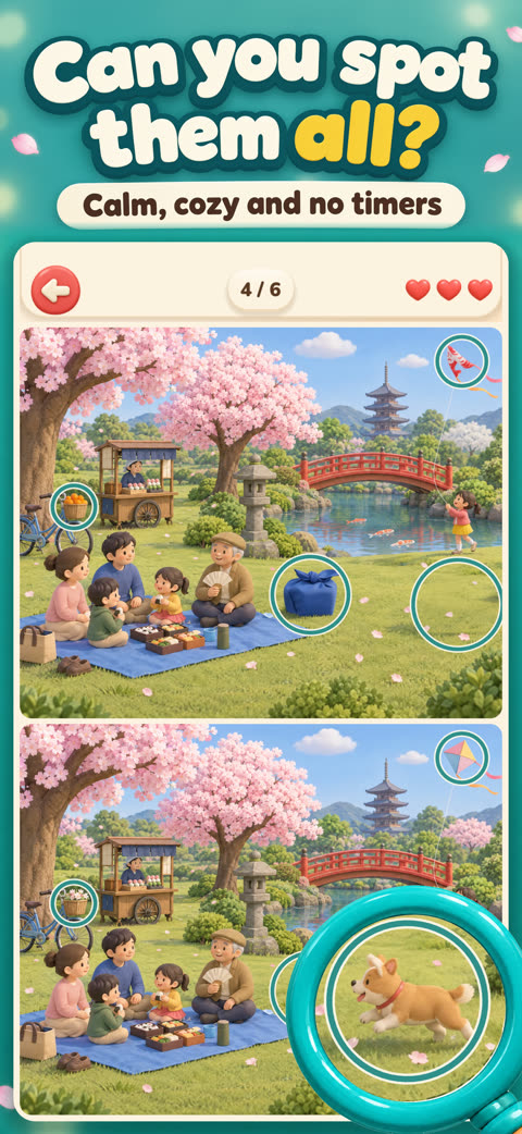 Can you spot them all? Two cherry-blossom picnic pictures with the differences circled